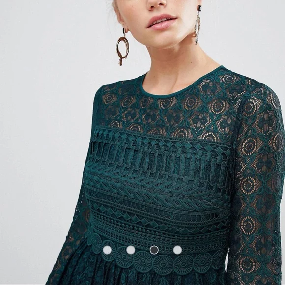 ASOS | Dresses | Forest Green Lace Long Sleeve Skater Dress By Asos |  Poshmark